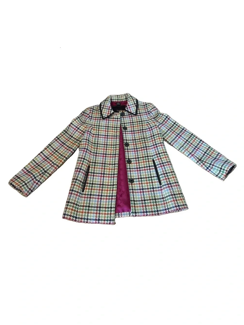 Coach Tattersall Hampton Tweed Plaid Rainbow Houndstooth Wool Pea Coat Jacket XS